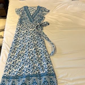 Blue and White Wrap Dress with Tie